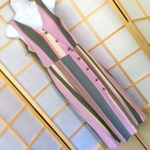 Long Striped Sleeveless Rayon Dress, Buttons on Angle, V-neck, Slit